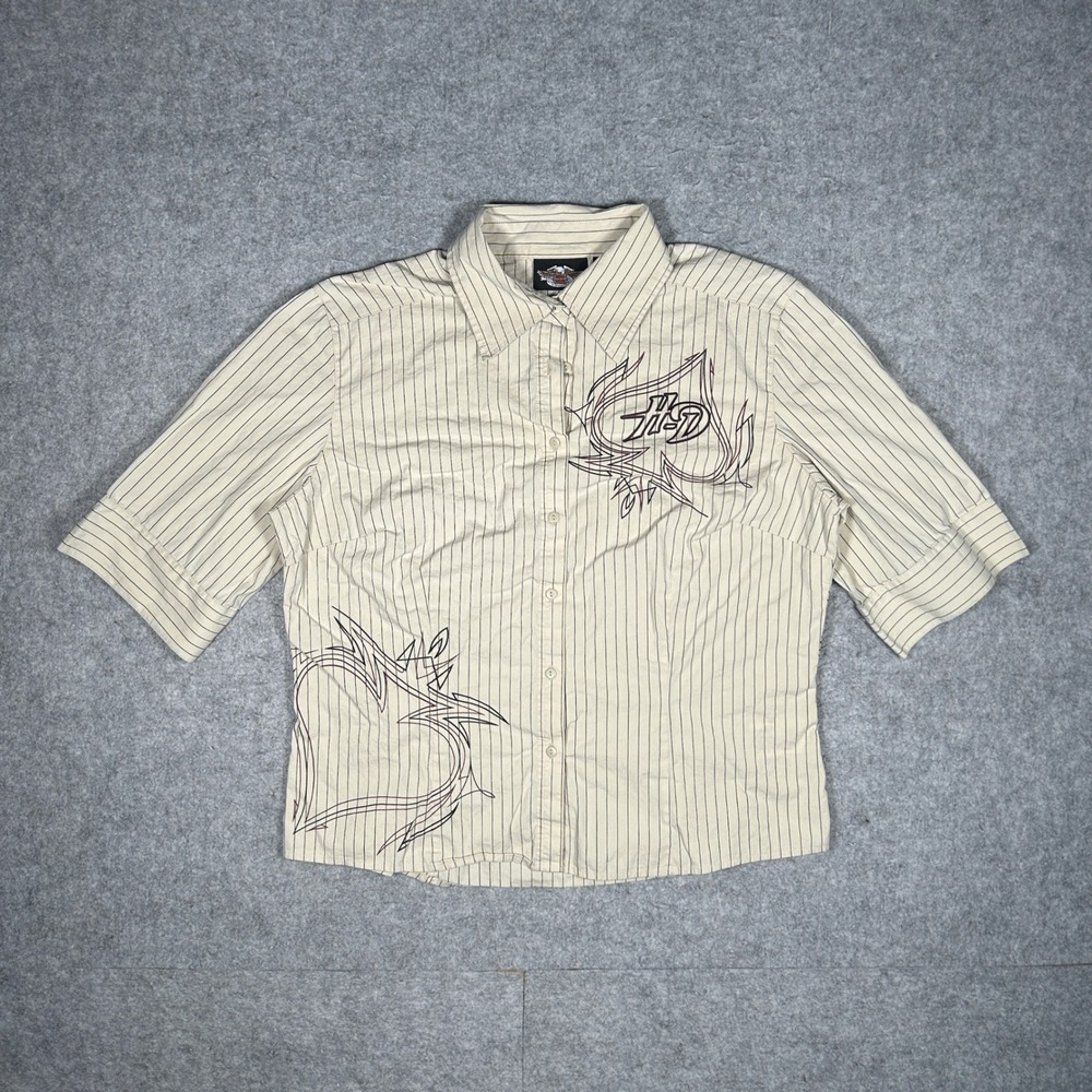 Harley Davidson Shirt Womens XL‎ Beige Pinstripe Spade Biker Y2K Moto Goth